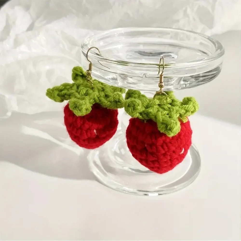 Strawberry Earrings Crochet Handcrafted Hypoallergenic Gold Tone - Picture 2 of 4